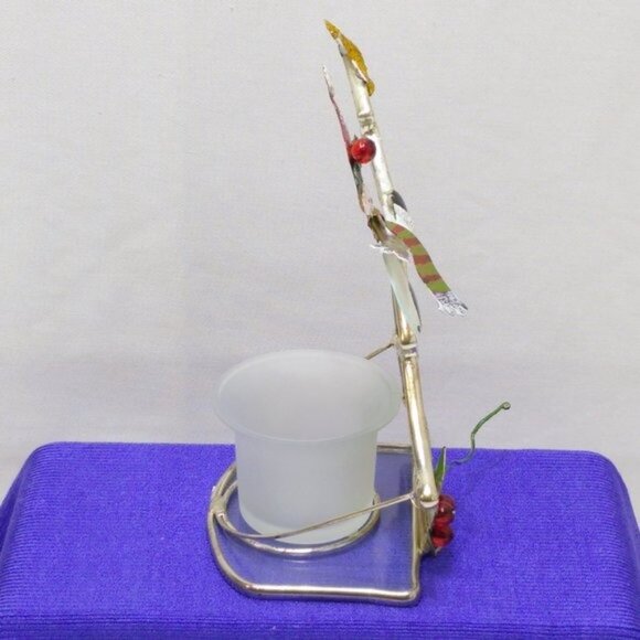 Stained Glass Snowman Climbing Christmas Tree Votive Holder Silver Plate Vintage - Picture 6 of 10